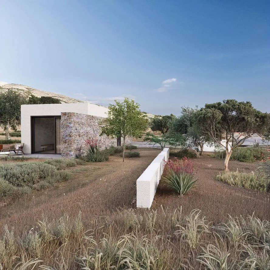 Pétra guest pavilion and stone wall render