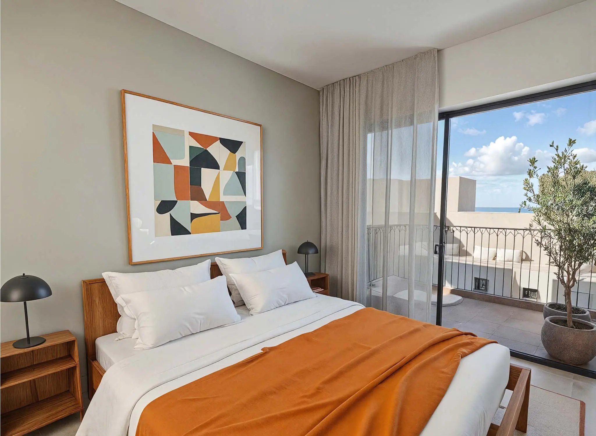 Téssera interior design vision for the primary bedroom and balcony outlook